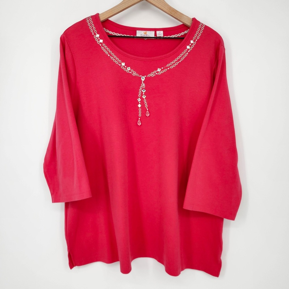 Quacker Factory Womens Bright Pink Rhinestone Beaded Top 2X Glam Festive Sparkle - Picture 2 of 10